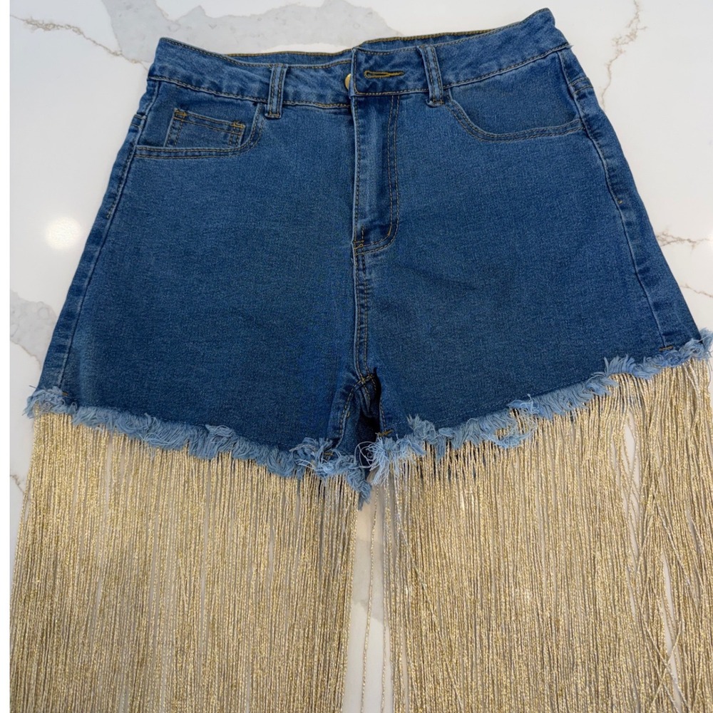 Fashion Jeans Blue Denim High Waisted Shorts with Long Gold Metallic Fringe M